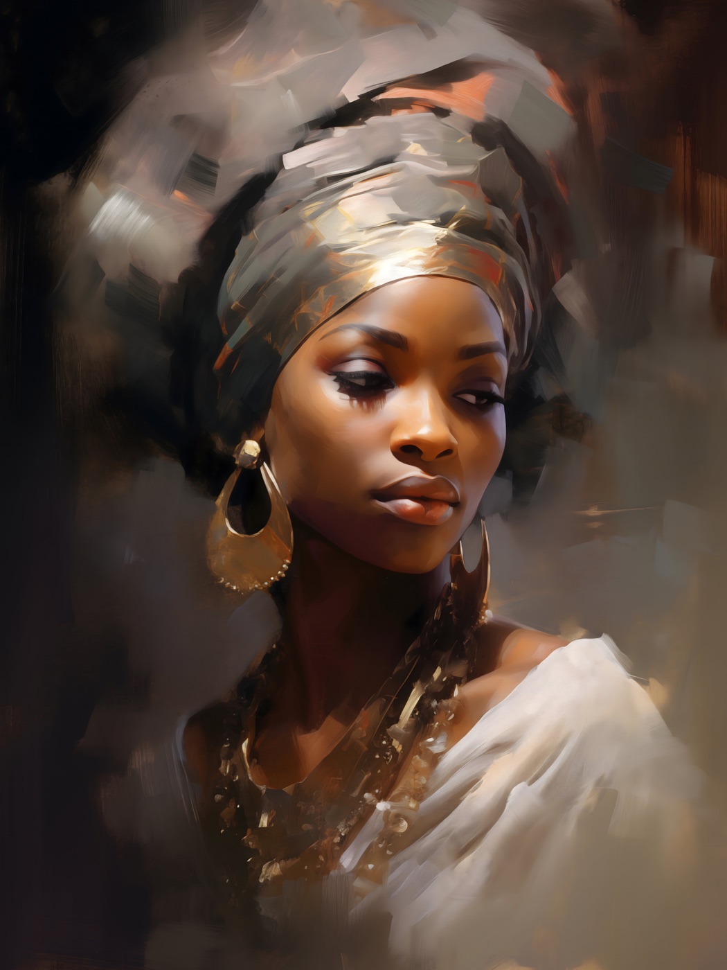 African woman portrait with ornate headwrap and gold earring