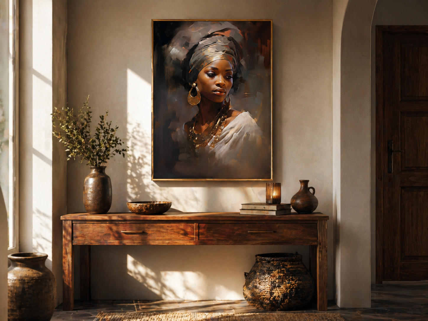 African woman portrait with headwrap and gold earring framed above a wooden console with vase, books, and candle