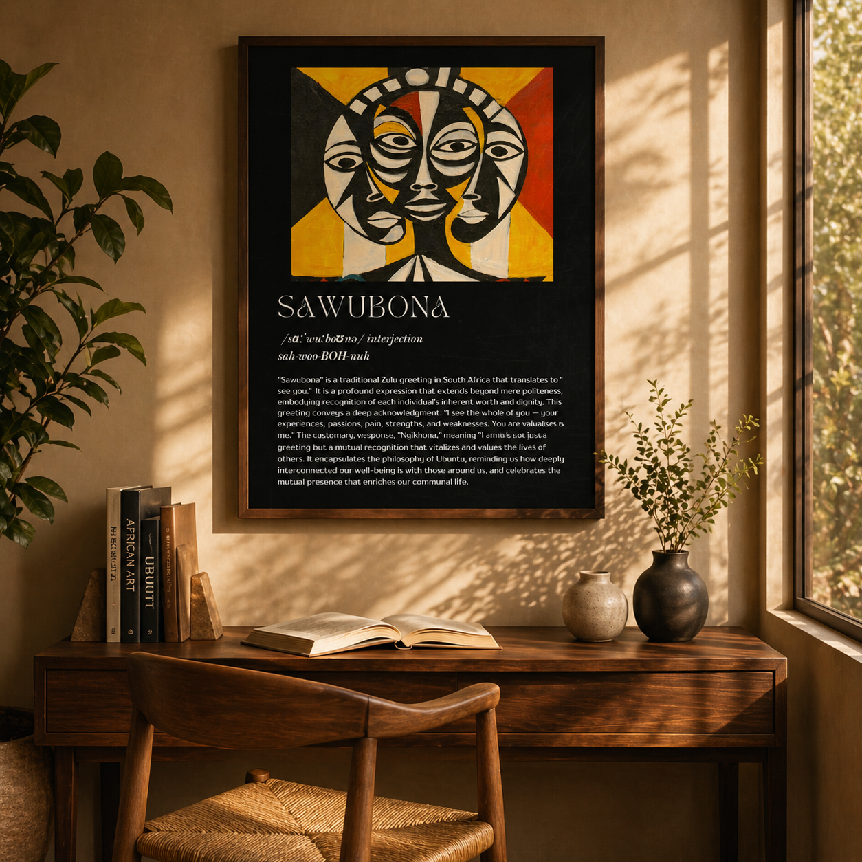 Sawubona poster with full Zulu greeting definition framed above a wooden desk with chair, books, and plants