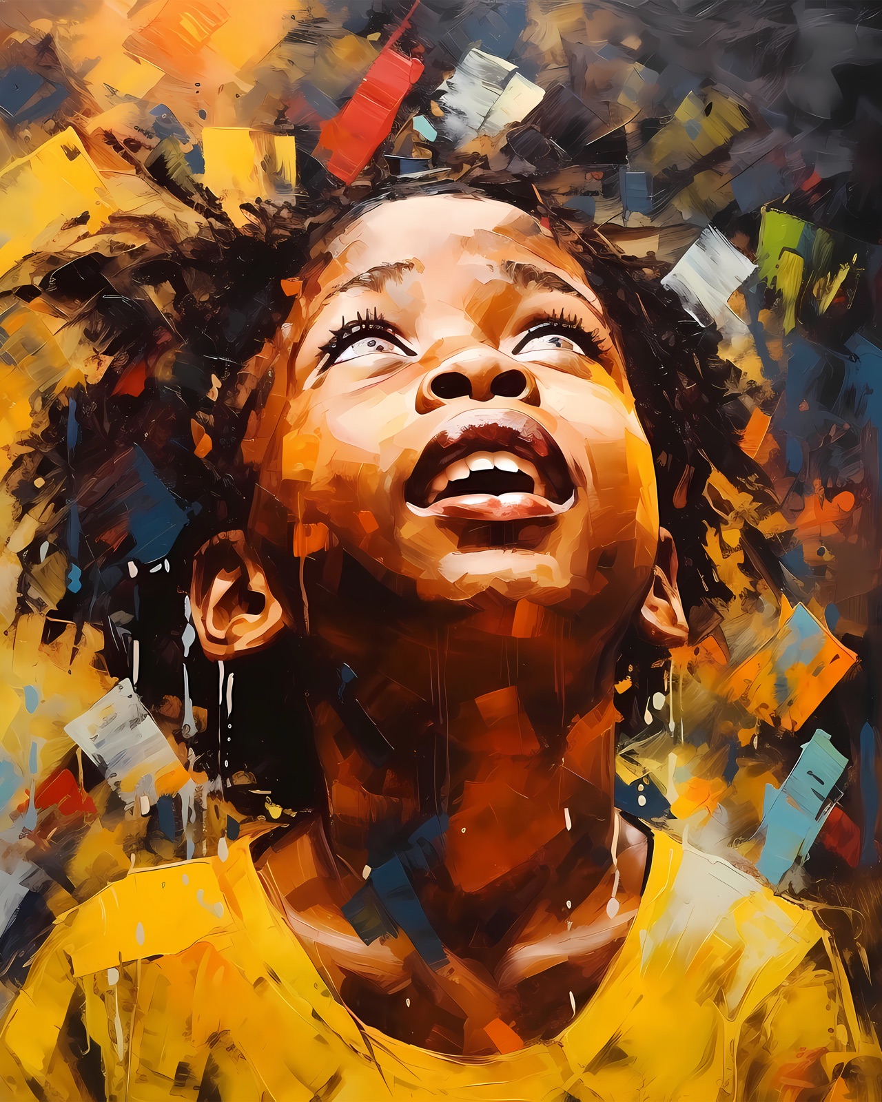 Vibrant African child portrait looking upward with wonder, painterly orange and yellow tones