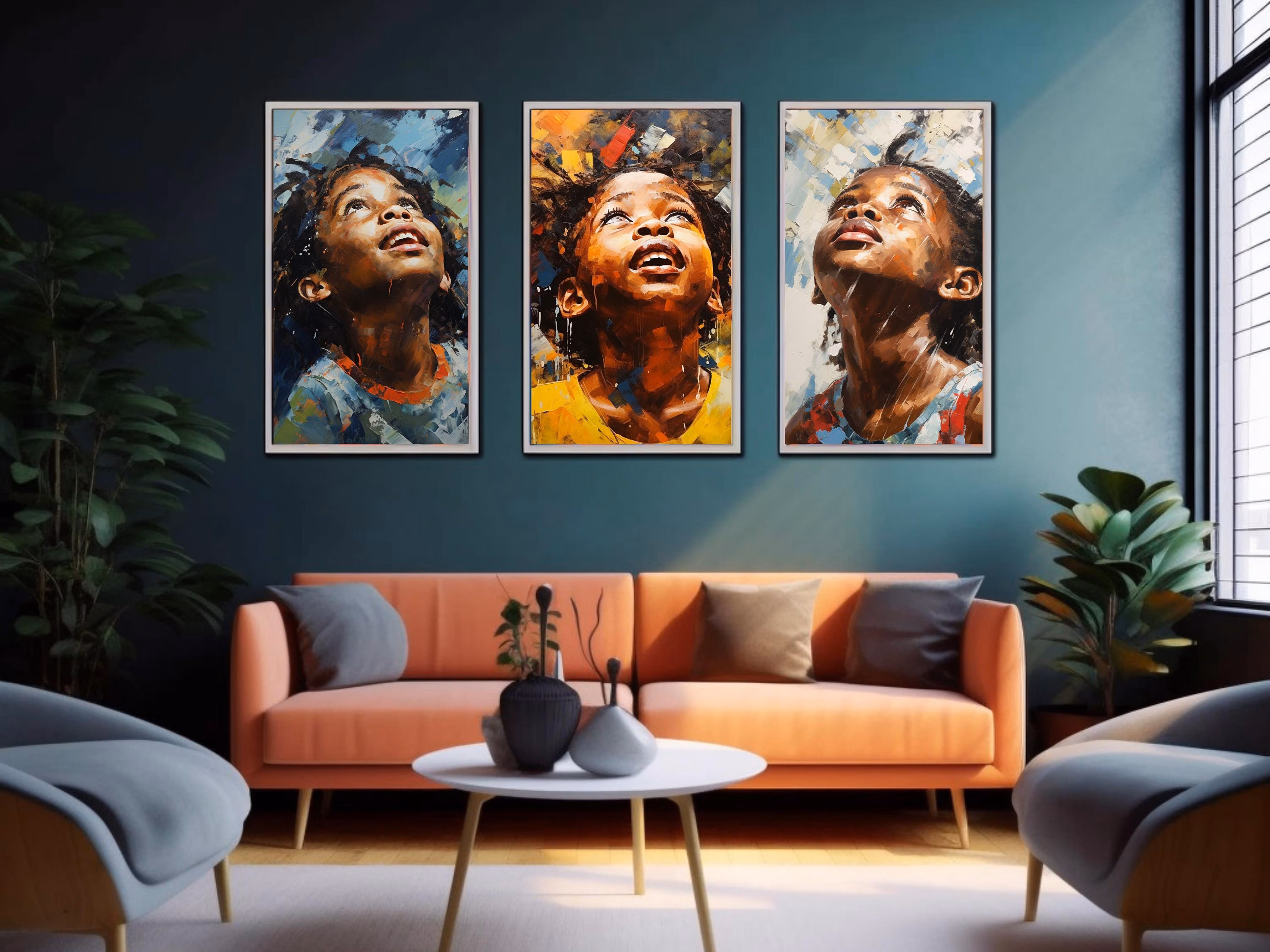 Three African child portraits in painterly style above a coral sofa