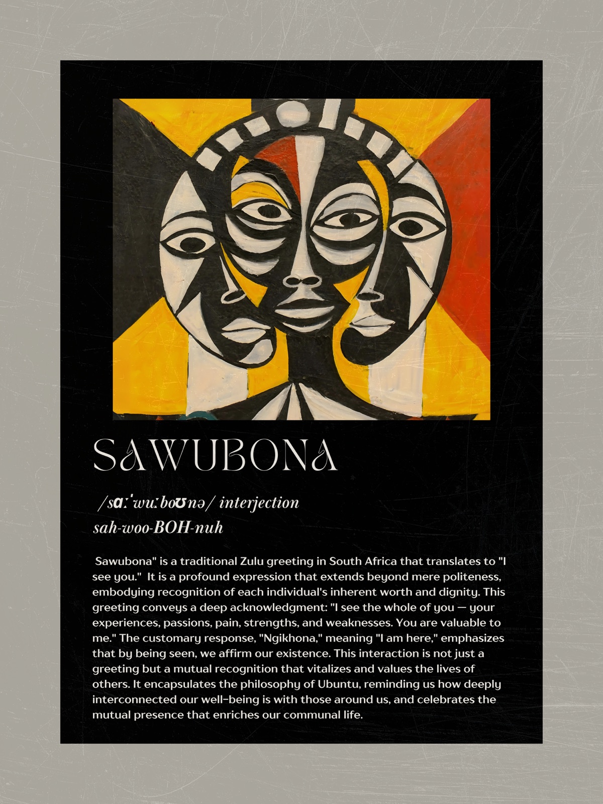 Sawubona artwork: three faces in black, yellow, and red